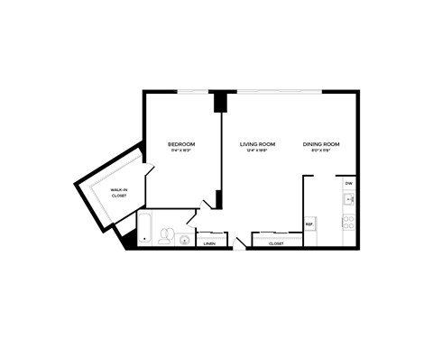 A floor plan of a house with a bedroom, living room, and dining room.